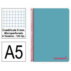 Cuaderno espiral tapa de polipropileno liderpapel serie wonder en formato din a-5, 120 hj. 90 grs/m². 5x5 c/m. color celeste.