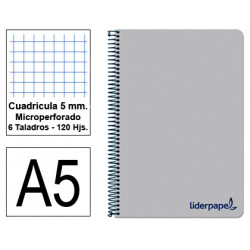 Cuaderno espiral tapa de polipropileno liderpapel serie wonder en formato din a-5, 120 hj. 90 grs/m². 5x5 c/m. color gris.