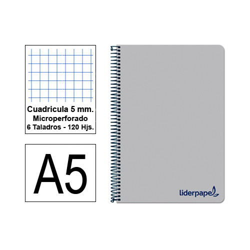 Cuaderno espiral con tapas de polipropileno liderpapel serie wonder, din a5, 120 hj. 90 grs/m². 5x5 s/m. gris