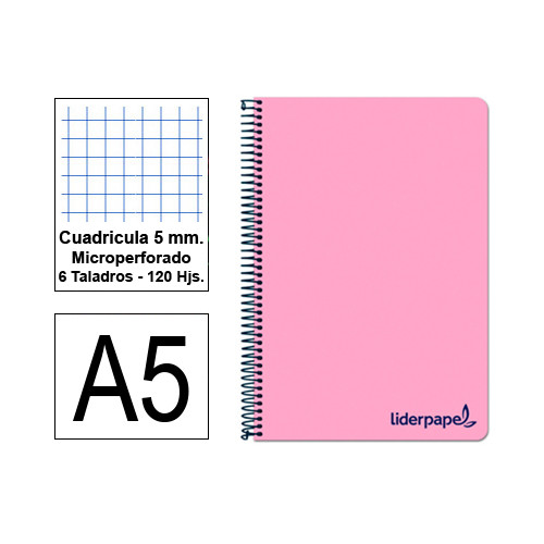 Cuaderno espiral tapa de polipropileno liderpapel serie wonder en formato din a-5, 120 hj. 90 grs/m². 5x5 c/m. color rosa.