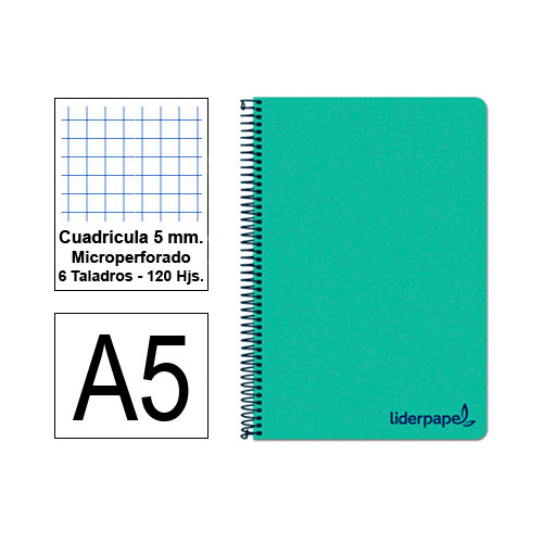 Cuaderno espiral tapa de polipropileno liderpapel serie wonder en formato din a-5, 120 hj. 90 grs/m². 5x5 c/m. color verde.