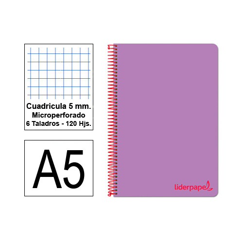 Cuaderno espiral tapa de polipropileno liderpapel serie wonder en formato din a-5, 120 hj. 90 grs/m². 5x5 c/m. color violeta.