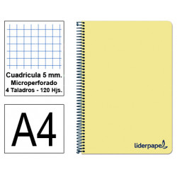 Cuaderno espiral tapa de polipropileno liderpapel serie wonder en formato din a-4, 120 hj. 90 grs/m². 5x5 c/m. color amarillo.