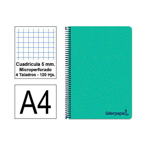 Cuaderno espiral tapa de polipropileno liderpapel serie wonder en formato din a-4, 120 hj. 90 grs/m². 5x5 c/m. color verde.