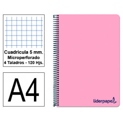 Cuaderno espiral tapa de polipropileno liderpapel serie wonder en formato din a-4, 120 hj. 90 grs/m². 5x5 c/m. color rosa.