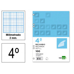 Recambio de anillas con 6 taladros liderpapel, din a5, 100 hj. 75 grs/m². milimetrado 2 mm. s/m.