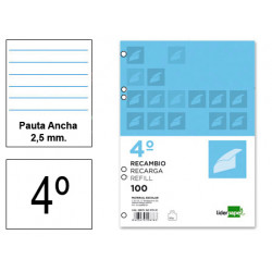 Recambio de anillas con 6 taladros liderpapel, din a5, 100 hj. 75 grs/m². pauta ancha 3,5 mm. c/m.