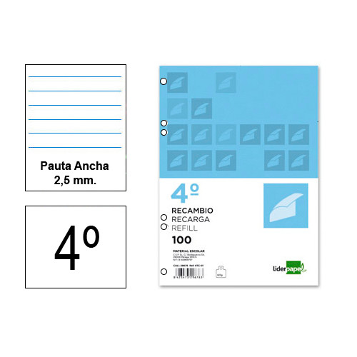 Recambio de anillas con 6 taladros liderpapel, din a5, 100 hj. 75 grs/m². pauta ancha 3,5 mm. c/m.