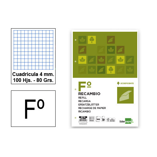 Recambio de anillas con 4 taladros liderpapel en formato fº, 100 hj. 80 grs/m². 4x4 c/m.