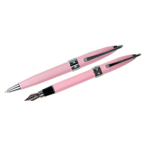 Juego de bolígrafo y pluma estilográfica belius colección brena mini, lacado en color rosa, presentación en estuche.