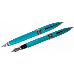 Juego de bolígrafo y pluma estilográfica belius colección brena mini, lacado en color turquesa, presentación en estuche.