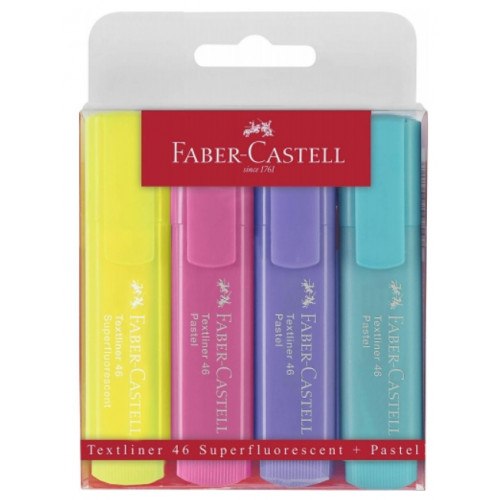 Marcador fluorescente faber-castell textliner 1546 en colores surtidos, estuche de 4 unidades.