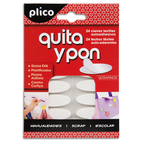 Velcro autoadhesivo plico quita y pon, ovalado, 35x12 mm. blanco, blíster de 24 uds.