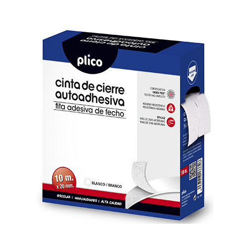 Velcro autoadhesivo plico, rollo de 20 mm. x 10 mts. blanco
