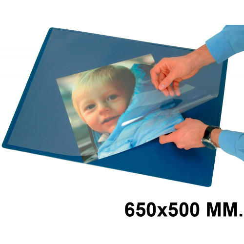 Vade de sobremesa q-connect con solapa transparente antirreflectante en formato 650x500 mm. color azul.