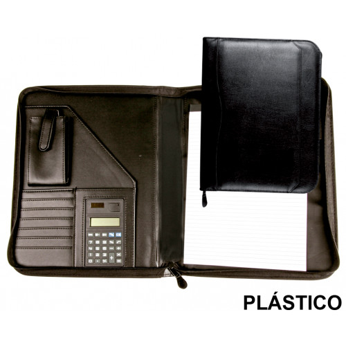 Carpeta portafolios en plástico csp en formato din a-4, bloc de notas, calculadora, cierre con cremallera, color negro.