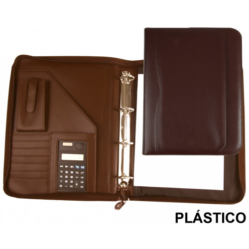 Carpeta portafolios en plástico csp en formato din a-4, bloc de notas, calculadora, cierre con cremallera, color marrón.