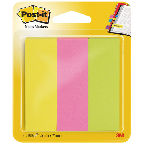 Bloc de mini notas adhesivas 3m post-it neón 671-3 de 25x76 mm., pack de 3 colores surtidos.