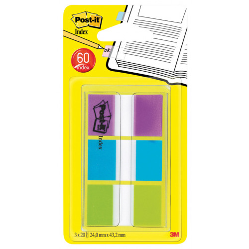 Marcapáginas 3m post-it index, 24x43,2 mm. azul, verde y violeta, dispensador de 3x20 uds.