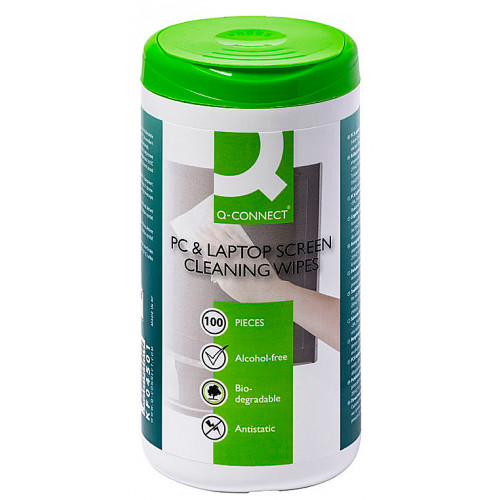 Toallita limpiadora de pantallas y teclados q-connect , bote de 100 uds.