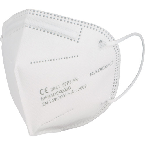 Mascarilla ffp2 nr con gomas radex, 5 capas, refuerzos laterales, sin látex, blanco.
