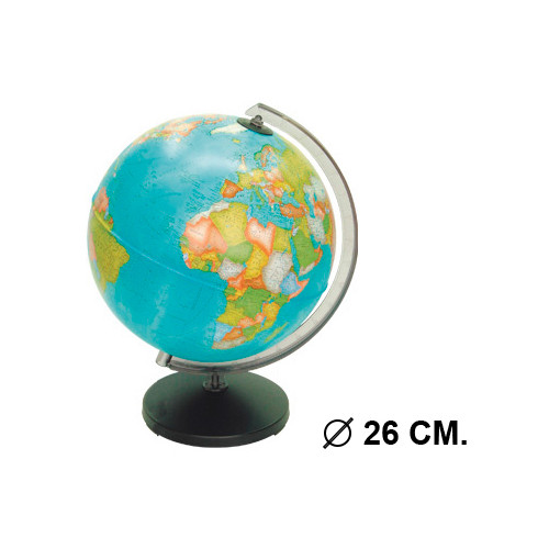 Esfera terrestre con cartografía política, sin luz replogle corallo diámetro de 26 cm. con base y meridiano.