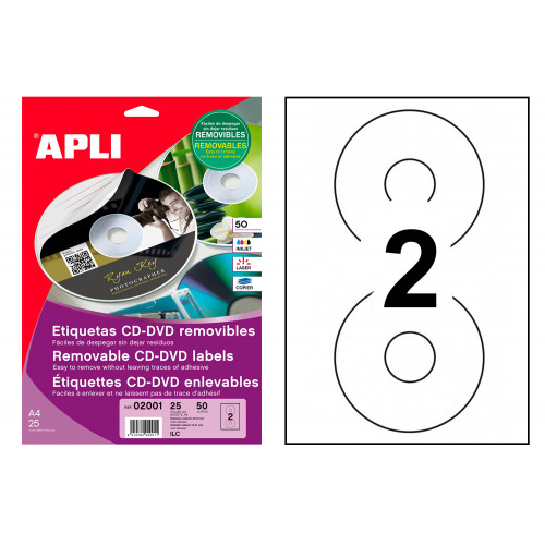 Etiqueta removible para cd/dvd acabado mate apli, Ø 114 mm. blíster de 25 hojas din a4