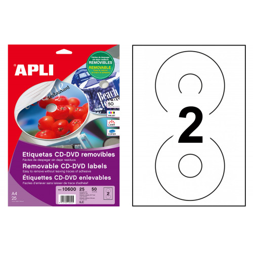 Etiqueta removible para cd/dvd acabado mate apli, Ø 117 mm. blíster de 25 hojas din a4