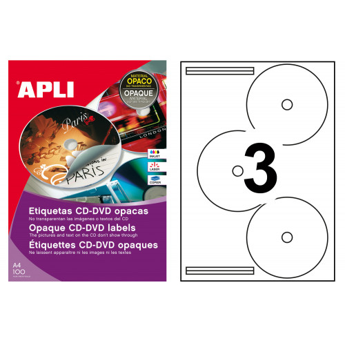 Etiqueta para cd/dvd con dorso opaco apli de Ø 114 mm. caja de 100 hojas din a4
