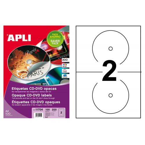 Etiqueta para cd/dvd con dorso opaco apli, Ø 117 mm. caja de 100 hojas din a4
