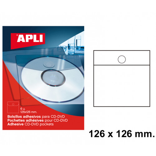 Bolsillo adhesivo para cd/dvd con solapa apli, 126x126 mm. blíster de 6 uds.