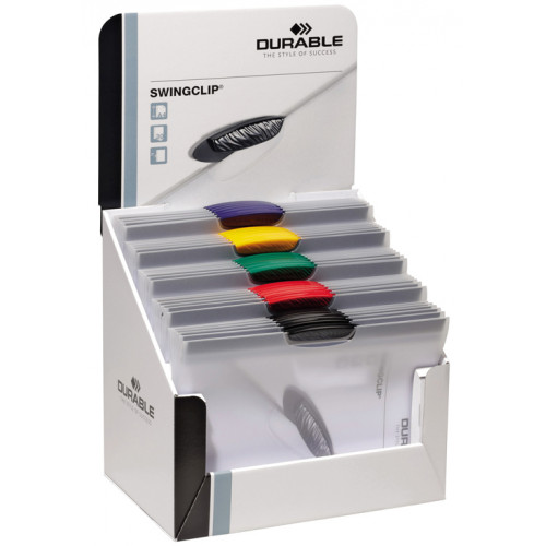 Expositor de cartón con 30 dossieres en pvc con pinza de plástico durable swingclip 30, din a4, colores surtidos