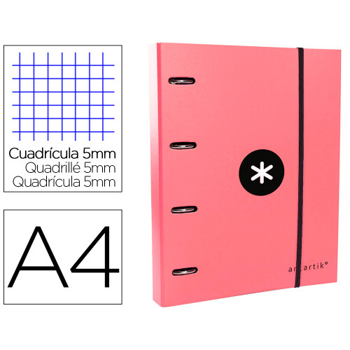 Carpeta de 4 anillas redondas de 40 mm. con solapa y cierre de goma elástica antartik, din a4, coral