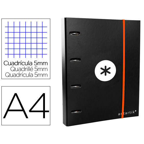 Carpeta de 4 anillas redondas de 40 mm. con solapa y cierre de goma elástica liderpapel antartik, din a4, negro