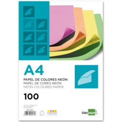 Papel liderpapel color en formato din a-4 de 75 grs/m². 4 colores surtidos neón, paquete de 100 hojas.