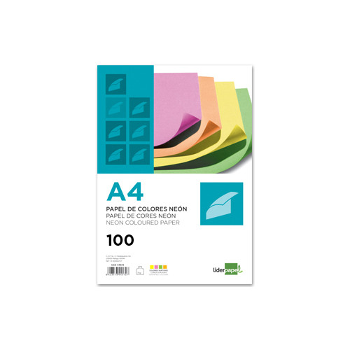 Papel liderpapel color, din a4, 75 grs/m². 4 colores surtidos neón, paquete de 100 hojas