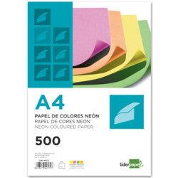 Papel liderpapel color en formato din a-4 de 75 grs/m². 4 colores surtidos neón, paquete de 500 hojas.