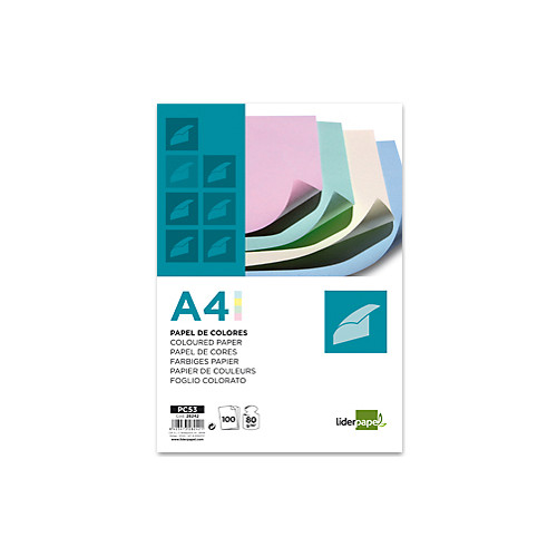 Papel liderpapel color, din a4, 80 grs/m². 4 colores surtidos, paquete de 100 hojas