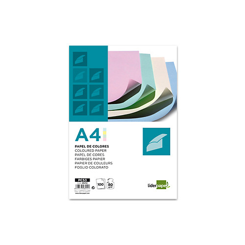 Papel liderpapel color en formato din a-4 de 80 grs/m². 4 colores surtidos, paquete de 100 hojas.