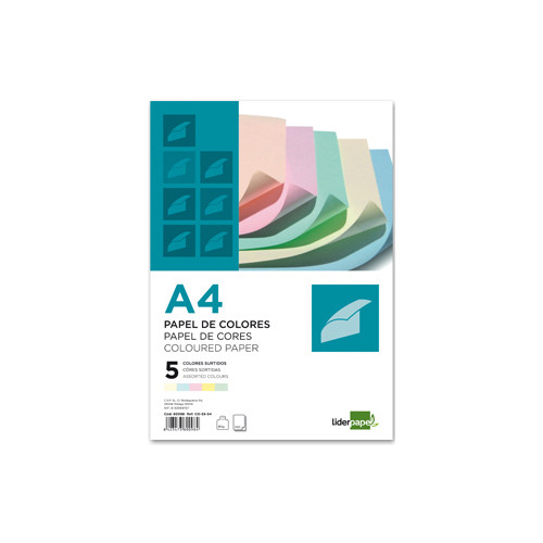 Papel liderpapel color, din a4, 80 grs/m². 5 colores surtidos, paquete de 500 hojas