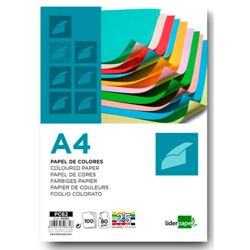 Papel liderpapel color, din a4, 80 grs/m². 25 colores surtidos, paquete de 100 hojas