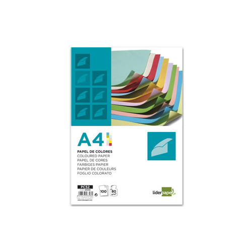 Papel liderpapel color, din a4, 80 grs/m². 10 colores surtidos, paquete de 100 hojas
