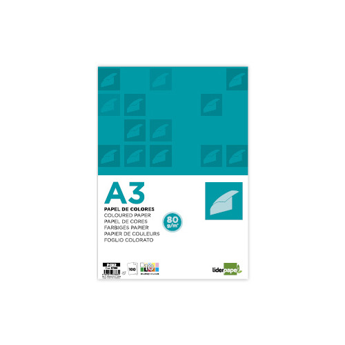 Papel liderpapel color, din a3, 80 grs/m². 10 colores surtidos, paquete de 100 hojas