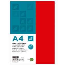 Papel liderpapel color en formato din a-4 de 80 grs/m². color rojo, paquete de 100 hojas.