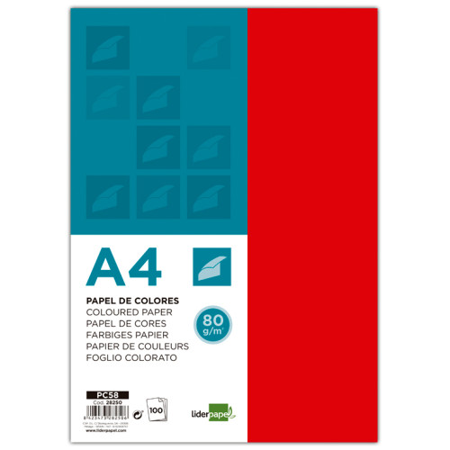Papel liderpapel color, din a4, 80 grs/m². rojo, paquete de 100 hojas