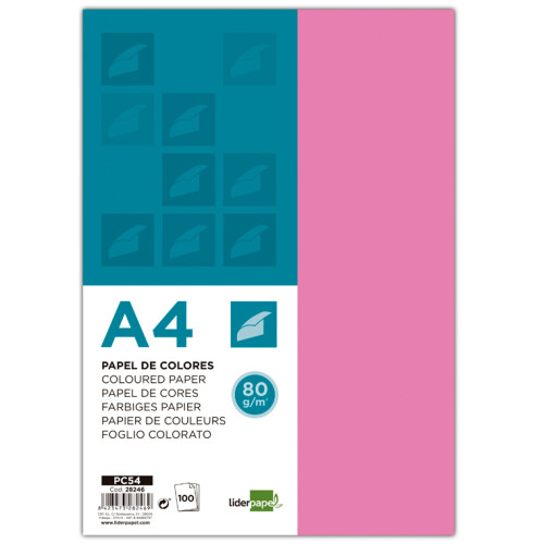 Papel liderpapel color, din a4, 80 grs/m². rosa, paquete de 100 hojas