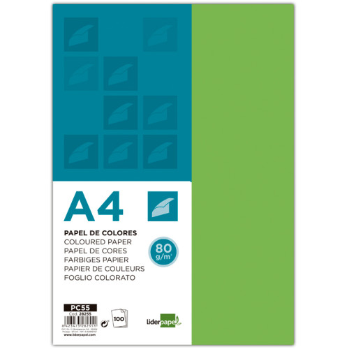Papel liderpapel color, din a4, 80 grs/m². verde, paquete de 100 hojas