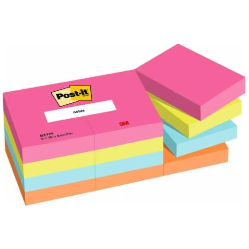 Bloc de notas adhesivas 3m post-it 653, 38x51 mm. colores surtidos poptimistic, pack de 12 blocs