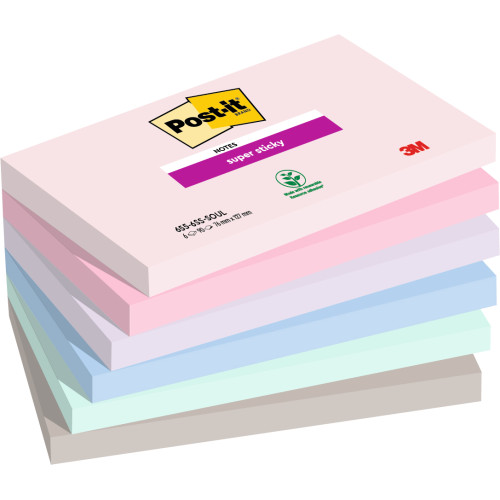 Bloc de notas adhesivas 3m post-it super sticky 655 76x127 mm. colores surtidos soulful, pack de 6 blocs.
