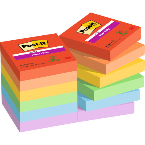 Bloc de notas adhesivas 3m post-it super sticky 622 47,6x47,6 mm. colores surtidos playful, pack de 12 blocs.